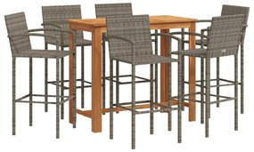 7 részes szürke tömör akácfa és polyrattan kerti bárszett
