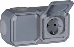 Új Plexo Schuko aljzat 2x2P+Z vízszintes, falra szerelhető Szürke Legrand 069742L