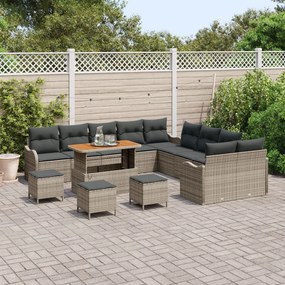 14 darabos kerti kanapészett párnákkal Szürke Poli Rattan Akác, 2 fős kerti kanapé párnákkal Szürke Poli Rattan, 4 darabos kerti étkezős szett párnákkal Szürke Poli Rattan Akác
