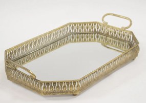 Szögletes óarany fém tálca fogantyúval, tükrös tálcalappal 10x56x33cm