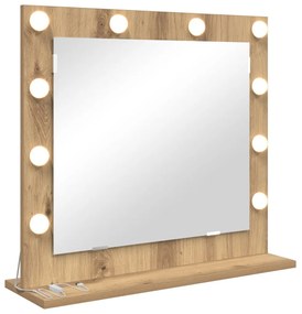 LED világítással ellátott sminktükör, Kézműves tölgy, 60x55x18 cm
