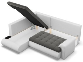 Tokio sarokkanapé, L alakú háttámlával, 2 ágyneműtartóval, bársony + műbőr, baloldali, szürke - fehér