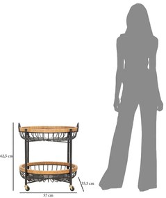 Kerek tálalókocsi fekete fém vázzal és rattan díszítéssel