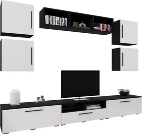 Kos V3 nappali szekrénysor, Fekete / Fényes fehér, MDF, 285 cm