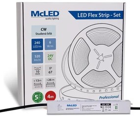 McLED  LED szalag - készlet 4 m, 240 LED/m, CW, 6 W/m, DC 24V, 520 lm/m, CRI90, IP67, 10 mm, Vezető 3 m ML-126.032.90.S04001