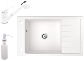 Gránit mosogató NERO Grande + kihúzható zuhanyfejes Shower csaptelep + adagoló (fehér)