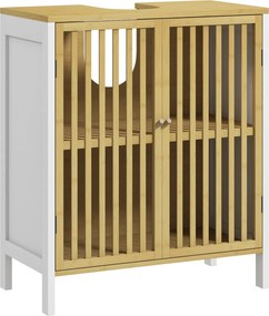 HOMCOM Mosogató Alatti Székajtós Fürdőszobai Tároló Szekrény Állítható Polccal, 30 kg Teherbírás, 60x30x70 cm Természetes és Fehér | Aosom