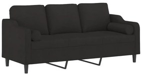 3 személyes fekete szövet kanapé díszpárnákkal 180 cm