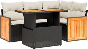 vidaXL 5 részes fekete polyrattan kerti kanapészett párnákkal