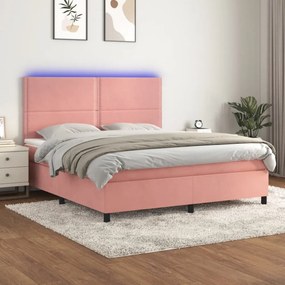 rózsaszín bársony rugós és LED-es ágy matraccal 160x200 cm