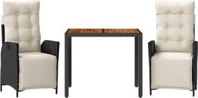 vidaXL 3 részes fekete polyrattan kerti étkezőgarnitúra párnákkal