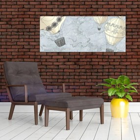 Kép - léggömbök a város felett, hűvös tónusok (120x50 cm)