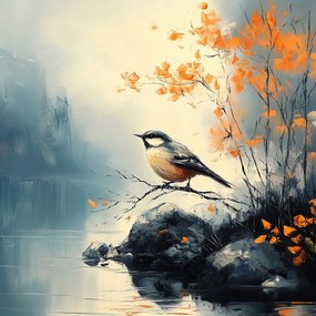 Vászonkép Canvas Természet Tájkép Madár Cinege Víz Ősz 80x80