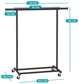 Állítható magasságú gurulós ruhatartó állvány, fekete