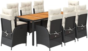 vidaXL 9 részes fekete polyrattan kerti étkezőgarnitúra párnákkal