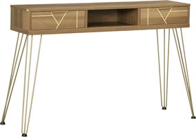 HOMCOM Konsollap Tablo Előszobai Asztal 2 Fiókkal, Nyitott Polccal és Acél Lábakkal, Modern Stílus 120x29x79 cm Bronz | Aosom