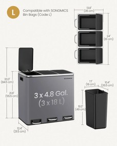 Háromrészes pedálos kuka 3 x 18L lágy záródású fedéllel, szürke
