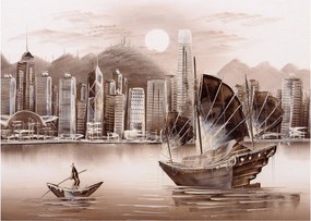 Kép - Victoria Harbour, Hong Kong, szépia hatás (70x50 cm)
