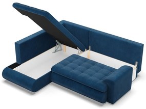 Tokio sarokkanapé, L alakú háttámlával, 2 ágyneműtartóval, kordbársony, baloldali, kék