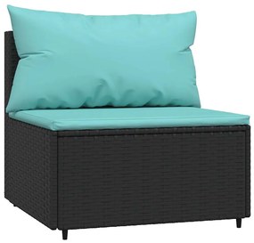 Fekete polyrattan kerti középső kanapé párnákkal