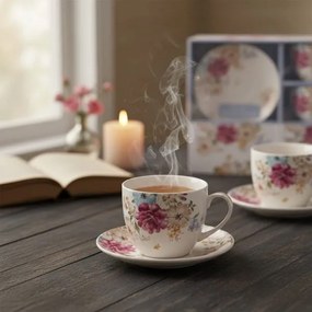 Vintage virágos porcelán csésze aljjal - 250 ml - 2 személyes