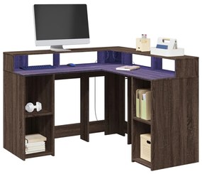 barna tölgy színű szerelt fa íróasztal LED-ekkel 130x130x91 cm