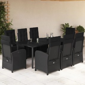 9 részes fekete polyrattan kerti étkezőgarnitúra párnákkal