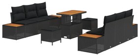 9 darabos kerti sofa szett párnákkal fekete poli rattan akác, 3 darabos kerti étkező szett párnákkal fekete poli rattan akác
