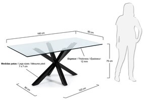 Étkezőasztal üveg asztallappal, fekete lábakkal - 160 x 90 cm - Kave Home