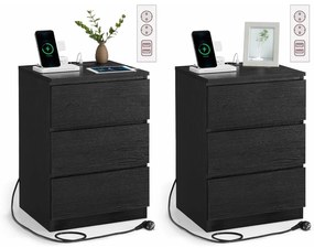 Éjjeliszekrény 2 darabos szett, 2 hálózati aljzattal és 2 usb-porttal, fekete színben