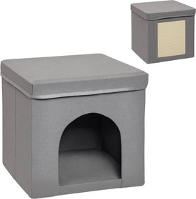 PawHut Macska Ház - Macska Ágy - Macska Kunyhó Karcoló Deszkával és Belső Ajtóval - 36,6x36,6x36,6 cm Szürke | Aosom