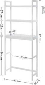 Mosógép feletti tárolószekrény, bambusz fürdőszoba szekrény, fehér 63x26x163cm
