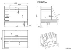 Pino Martin fehér borovi fenyő emeletes gyerekágy 140x200/90x200 cm - Vipack