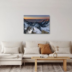 Üveg kép - Napfelkelte a hegyekben (70x50 cm)