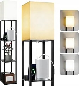 Deanic állólámpa fa polccal és lámpával, fekete