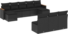 vidaXL 10 részes fekete polyrattan kerti ülőgarnitúra párnákkal