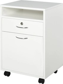 HOMCOM Irodai Mappa Kocsi 2 Kulccsal, Fiókkal, Szekrénnyel és 4 Kerekével Fehér Fából, 40x35x60cm | Aosom