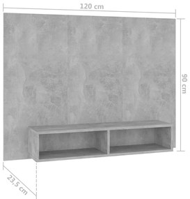 betonszürke szerelt fa fali TV-szekrény 120 x 23,5 x 90 cm