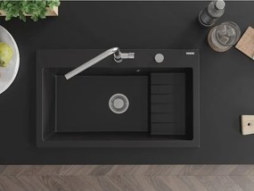 Mexen Omar 1-medencés, gránit mosogató 800 x 480 mm, fekete, króm szifon - 6520801005-77