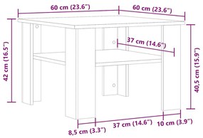 kézműves tölgy színű szerelt fa dohányzóasztal 60x60x42 cm