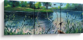 Kép - olajfestmény, Nyári este a tónál (órával) (90x30 cm)