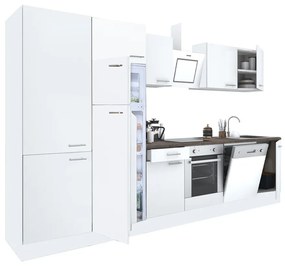 Yorki 340 konyhabútor fehér korpusz,selyemfényű fehér front alsó sütős elemmel polcos szekrénnyel és felülfagyasztós hűtős szekrénnyel