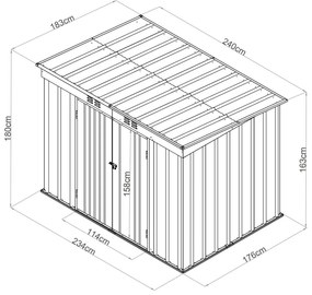 Riwall RMSP 6x8 brown fém kerti tároló 2,4 x 1,8 m lapostetővel (barna) Alapterület: 176 x 234 cm