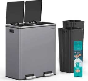 2 rekeszes pedálos recycling szemetes lágy záródással, szürke fém