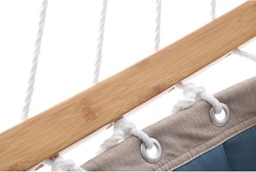 Párnázott dupla hintaágy, levehető ívelt bambusz rúddal, kék és bézs