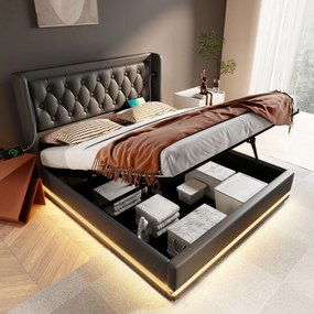 Franciaágy Kárpitozott ágy 140x200 Usb Type-C Led Hidraulikus fekete