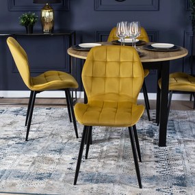Étkezőgarnitúra: bővíthető asztal 102–142 cm Craft tölgy / fekete színkombinációban + 4 db mustársárga velúr szék – HARRY / LUCKY