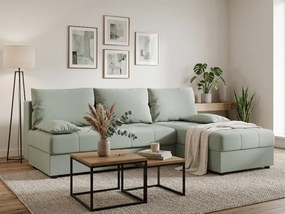 Ágyazható, kétoldalas L alakú kanapé VENORIA SLIM 200x143 cm, világoszöld színű + 2 db díszpárna INGYEN