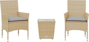 vidaXL 3 részes bézs polyrattan/üveg bisztrógarnitúra párnával
