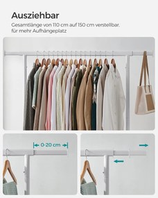 SONGMICS gurulós ruhatartó állvány, kihúzható ruharúd, max. 130 kg terhelhetőség, matt fehér